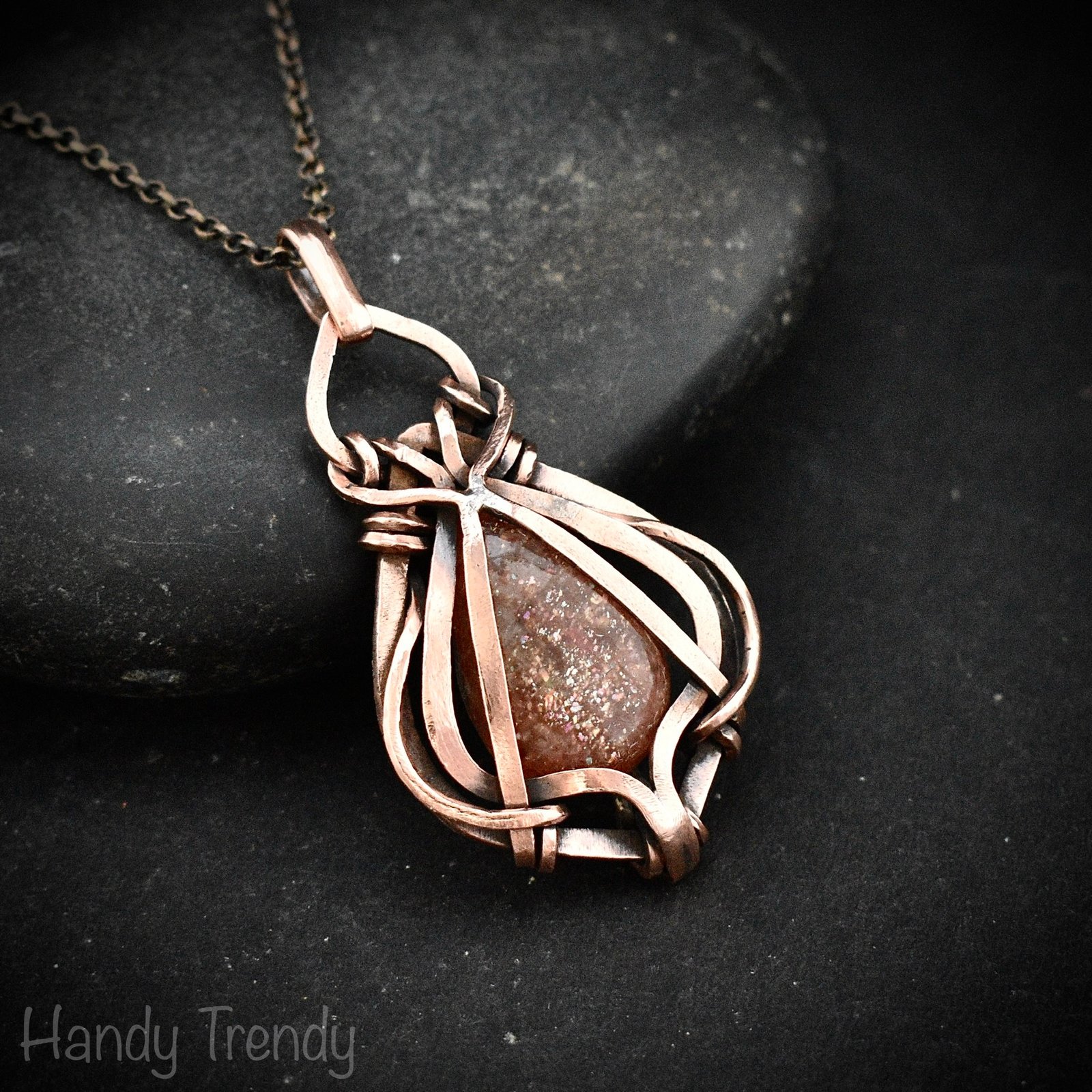 Sunstone pendant, Free-Flow copper wire wrapped necklace, Unique handmade birthday gift, One of a kind necklace, Artisan boho jewelry
