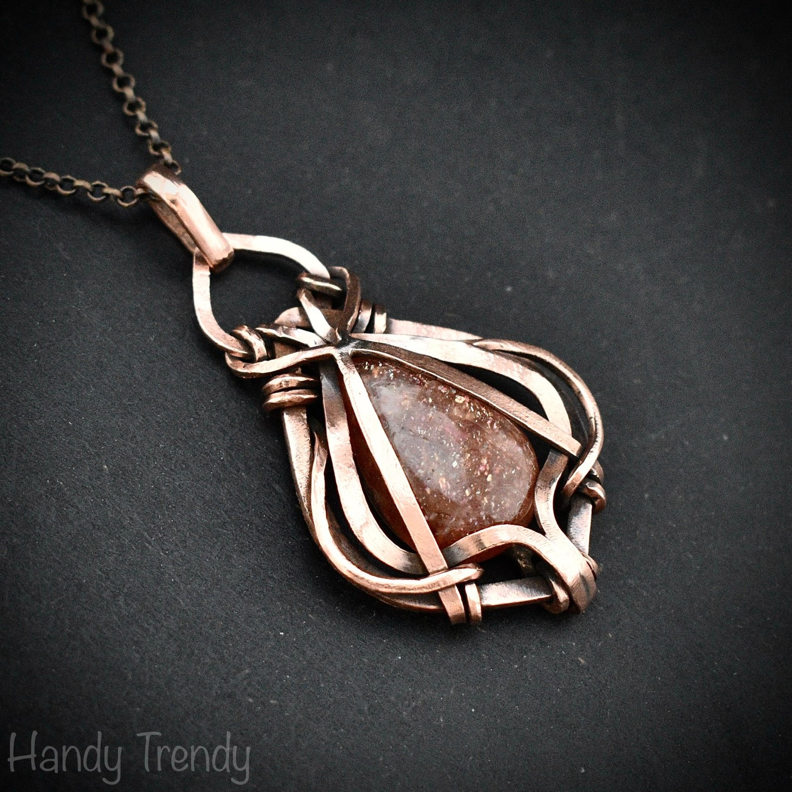 Sunstone pendant, Free-Flow copper wire wrapped necklace, Unique handmade birthday gift, One of a kind necklace, Artisan boho jewelry