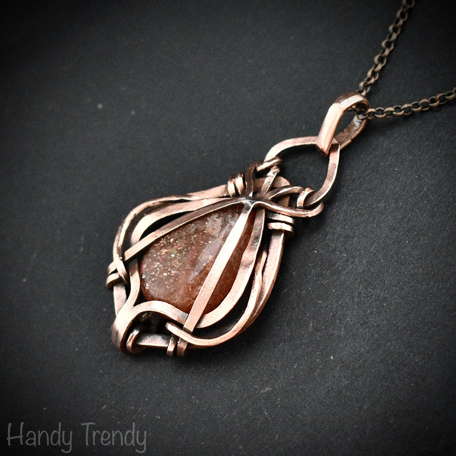 Sunstone pendant, Free-Flow copper wire wrapped necklace, Unique handmade birthday gift, One of a kind necklace, Artisan boho jewelry