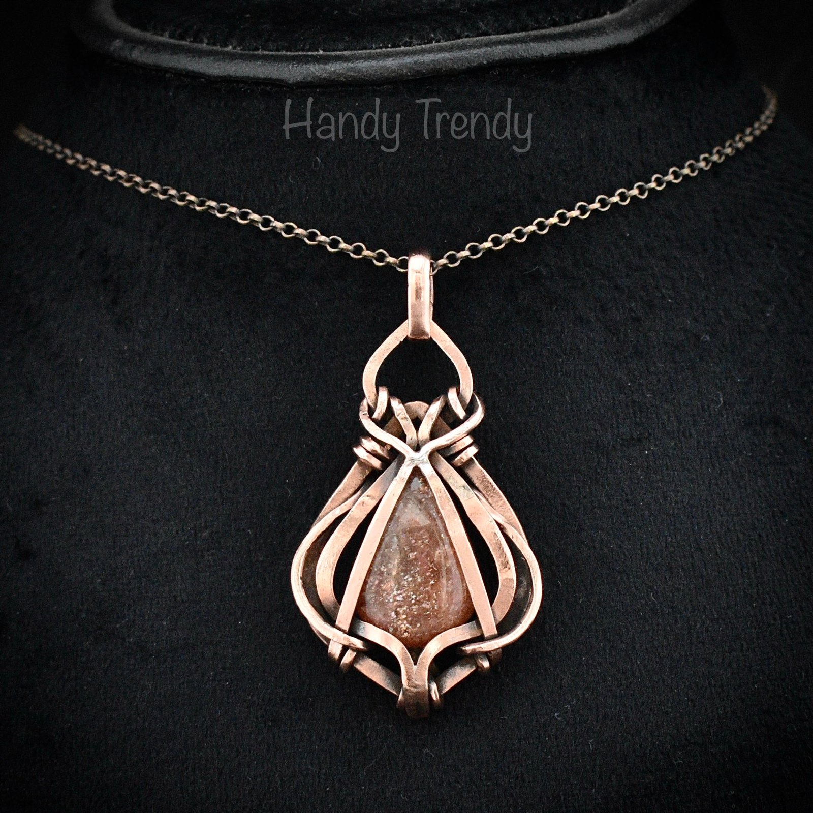 Sunstone pendant, Free-Flow copper wire wrapped necklace, Unique handmade birthday gift, One of a kind necklace, Artisan boho jewelry