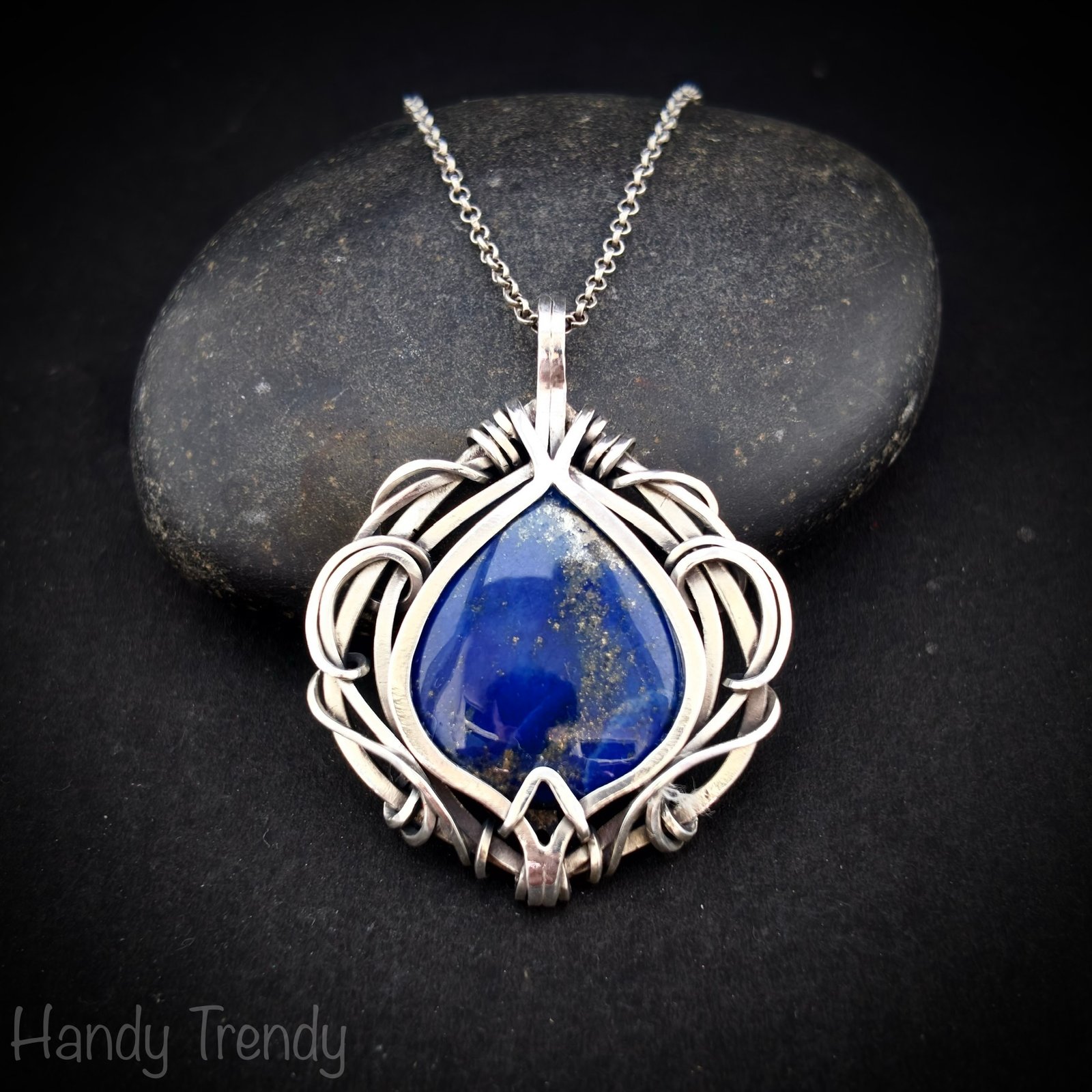 Blue lapis lazuli pendant, 925 sterling silver free flow wire wrapped jewelry, Unique handmade birthday gift, One of a kind artisan necklace