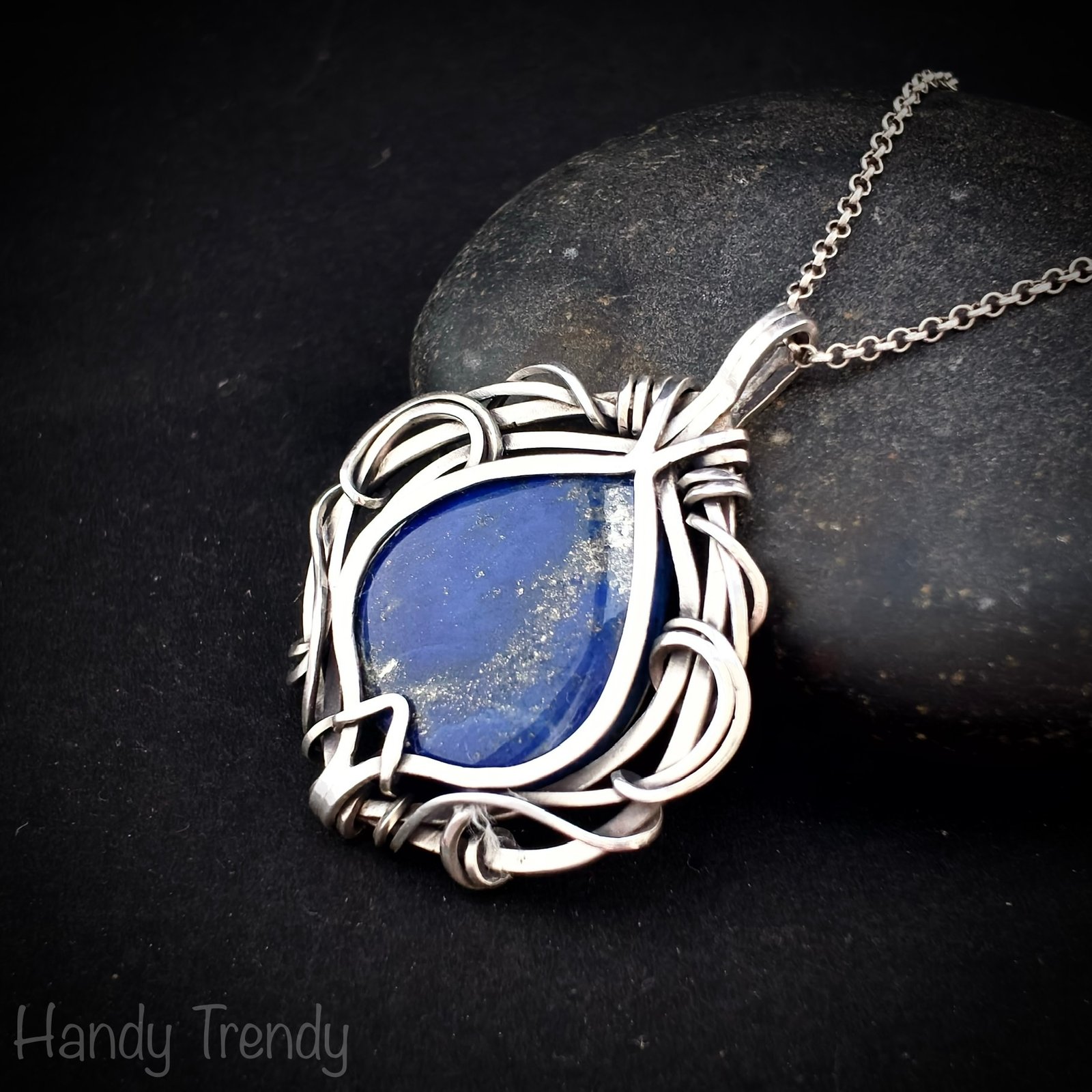 Blue lapis lazuli pendant, 925 sterling silver free flow wire wrapped jewelry, Unique handmade birthday gift, One of a kind artisan necklace