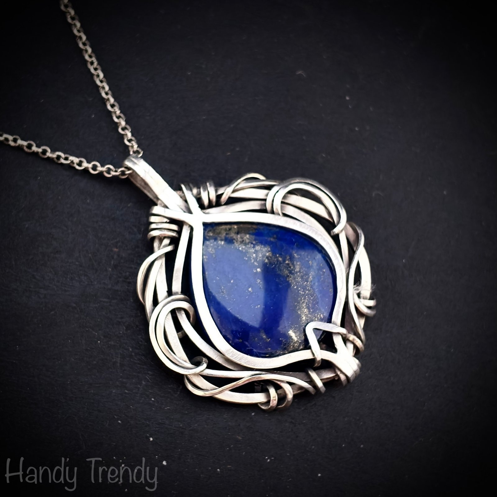 Blue lapis lazuli pendant, 925 sterling silver free flow wire wrapped jewelry, Unique handmade birthday gift, One of a kind artisan necklace