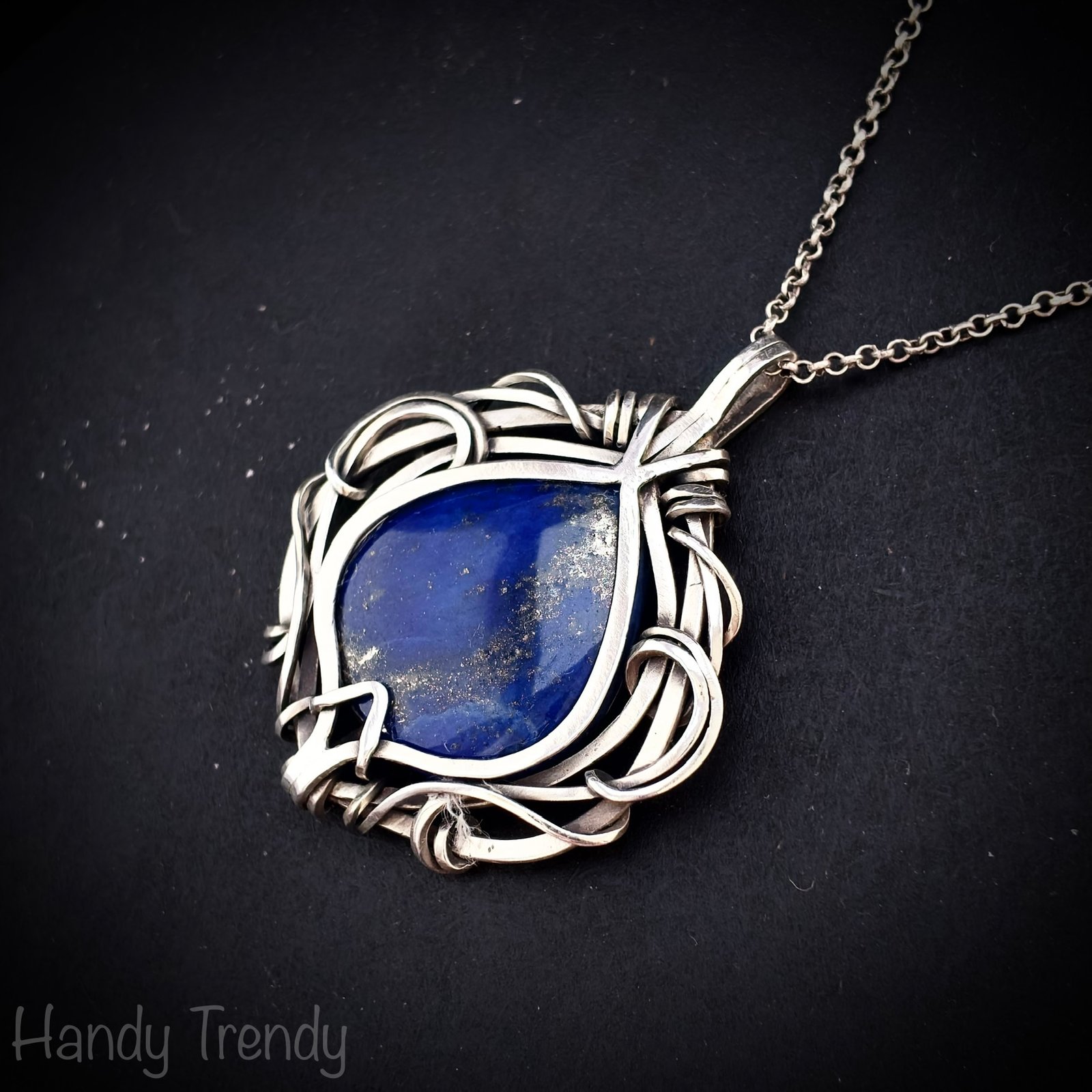 Blue lapis lazuli pendant, 925 sterling silver free flow wire wrapped jewelry, Unique handmade birthday gift, One of a kind artisan necklace