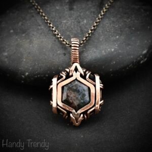 Ocean jasper hexagon pendant, Free flow copper wire wrapped necklace, Unique handmade gift, One of kind jewellery, Artisan boho jewellery
