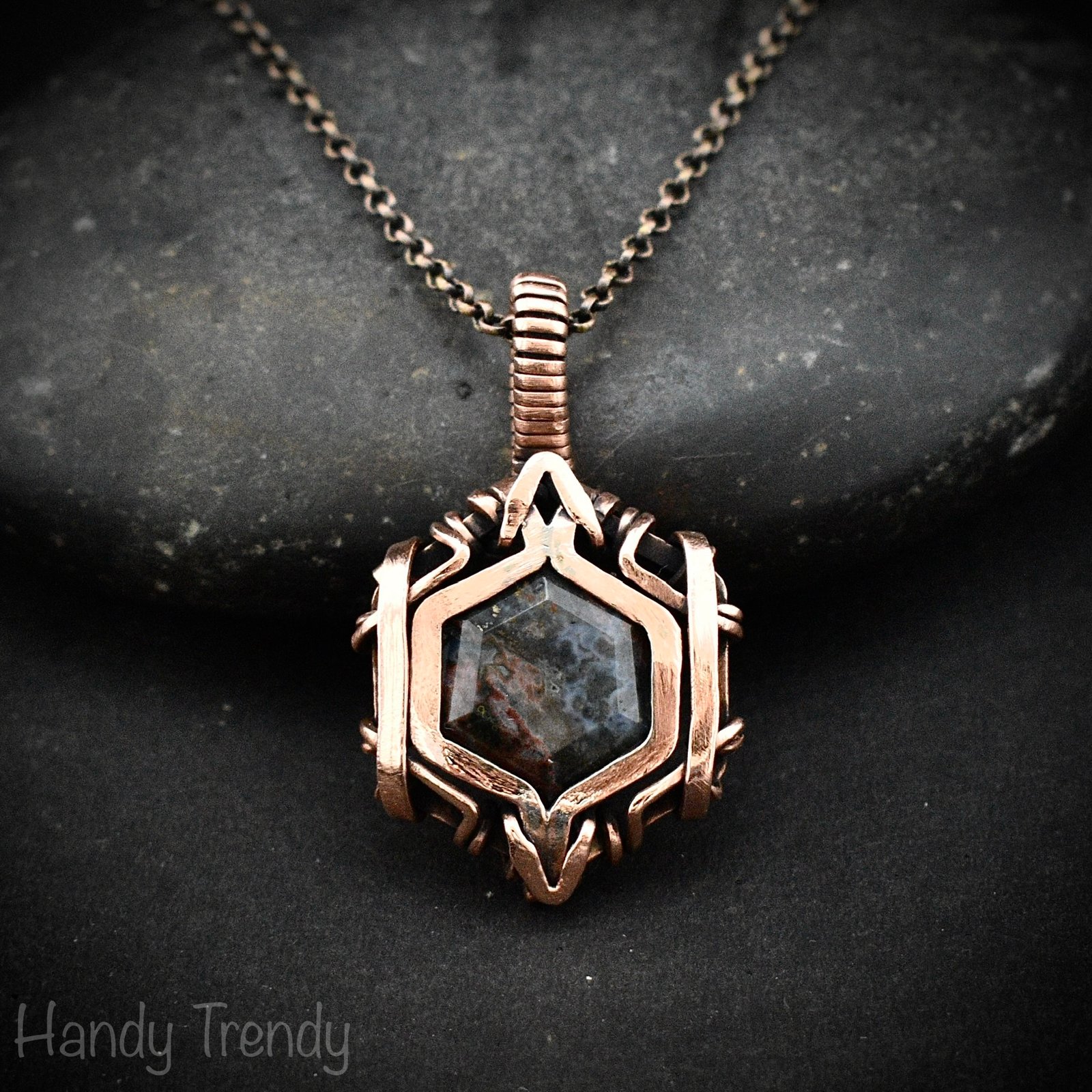 Ocean jasper hexagon pendant, Free flow copper wire wrapped necklace, Unique handmade gift, One of kind jewellery, Artisan boho jewellery