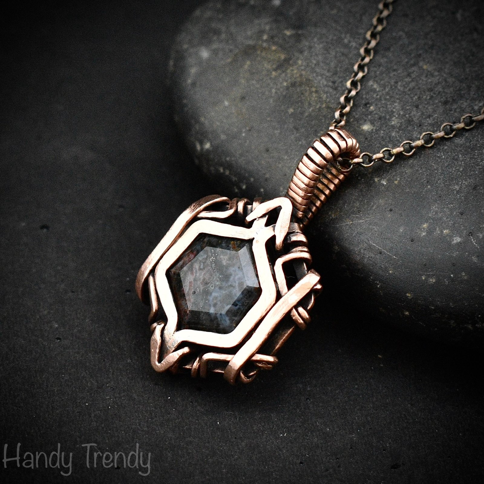 Ocean jasper hexagon pendant, Free flow copper wire wrapped necklace, Unique handmade gift, One of kind jewellery, Artisan boho jewellery