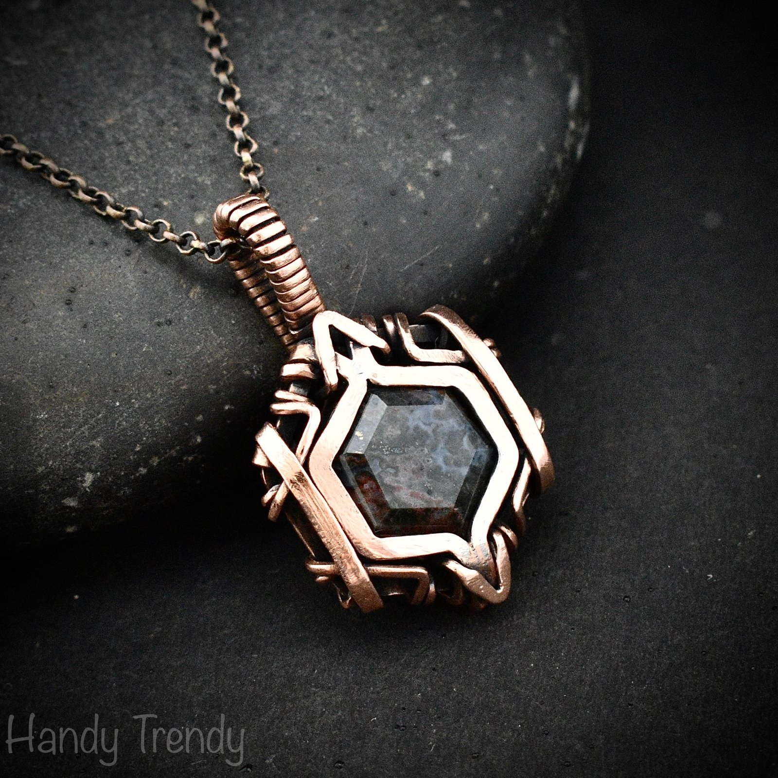 Ocean jasper hexagon pendant, Free flow copper wire wrapped necklace, Unique handmade gift, One of kind jewellery, Artisan boho jewellery