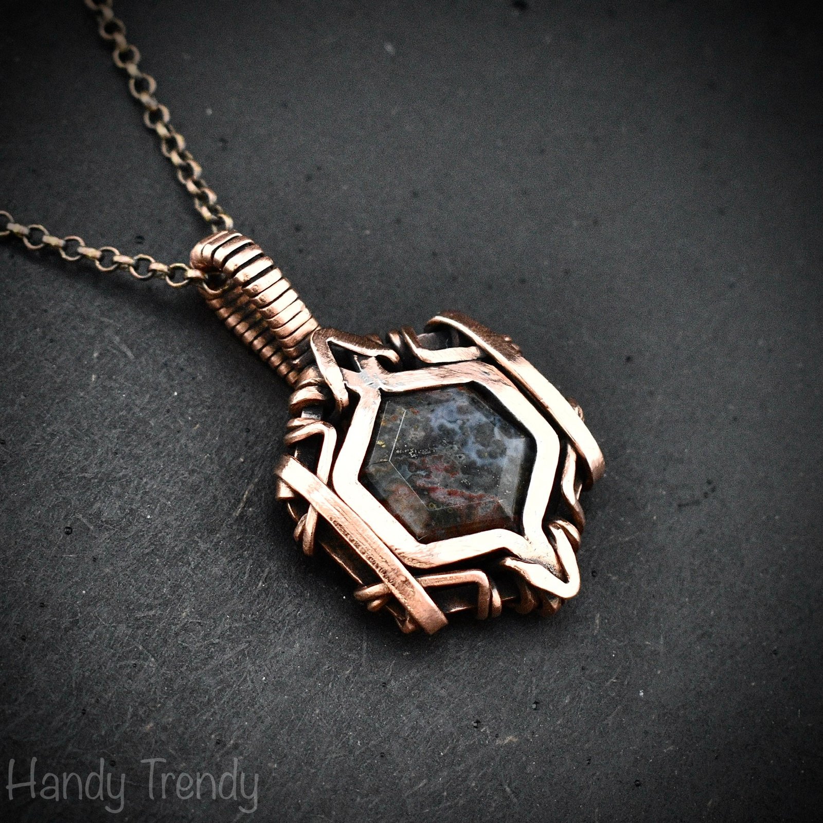 Ocean jasper hexagon pendant, Free flow copper wire wrapped necklace, Unique handmade gift, One of kind jewellery, Artisan boho jewellery