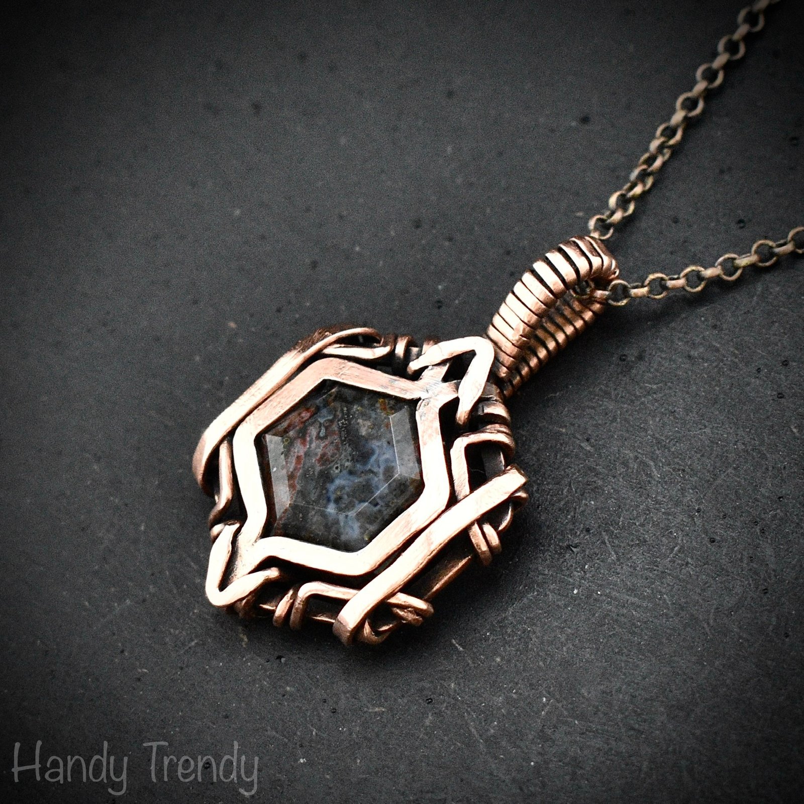 Ocean jasper hexagon pendant, Free flow copper wire wrapped necklace, Unique handmade gift, One of kind jewellery, Artisan boho jewellery