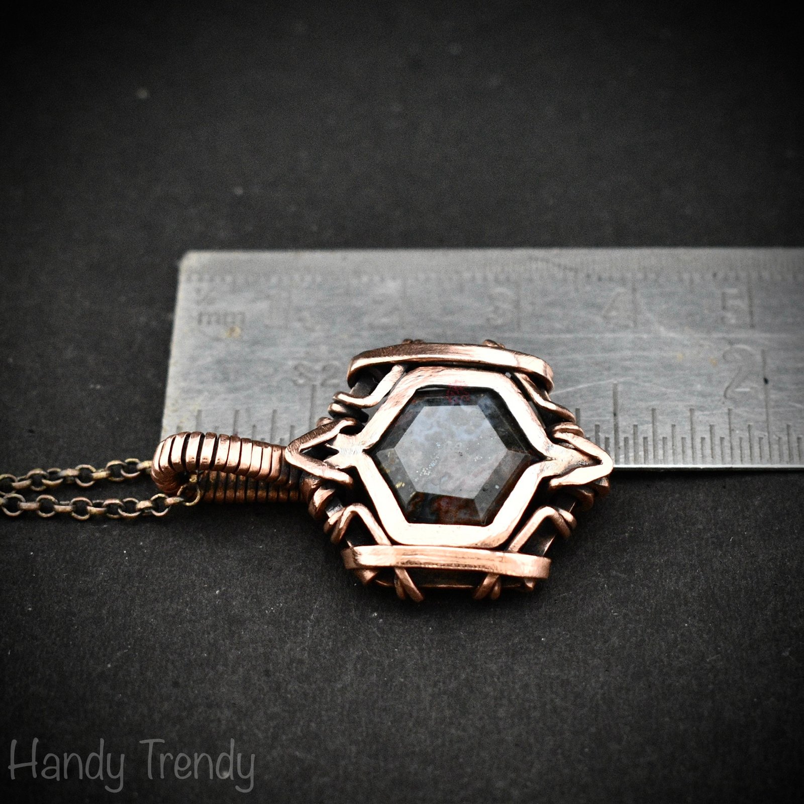 Ocean jasper hexagon pendant, Free flow copper wire wrapped necklace, Unique handmade gift, One of kind jewellery, Artisan boho jewellery