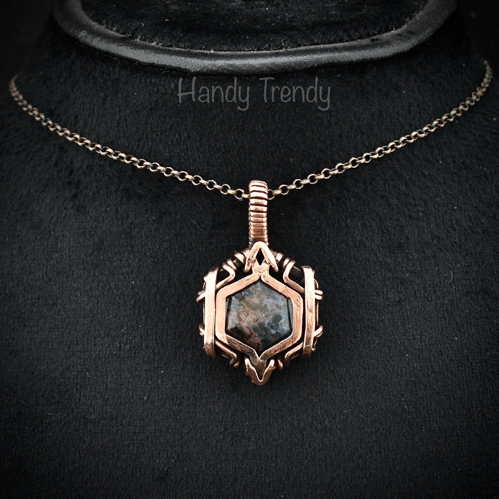 Ocean jasper hexagon pendant, Free flow copper wire wrapped necklace, Unique handmade gift, One of kind jewellery, Artisan boho jewellery
