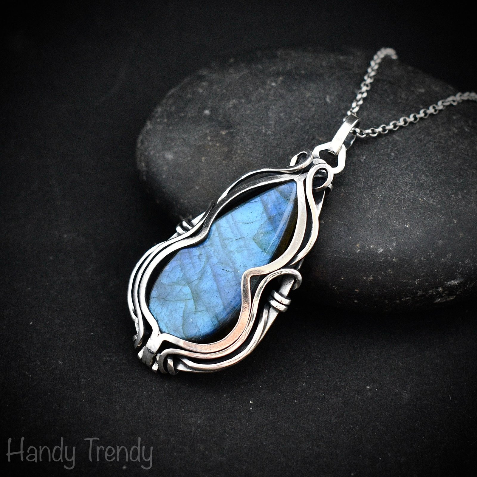 Blue labradorite free flow pendant, 925 sterling silver Wire wrapped jewelry, Unique handmade gift, Artisan necklace, One of a kind piece