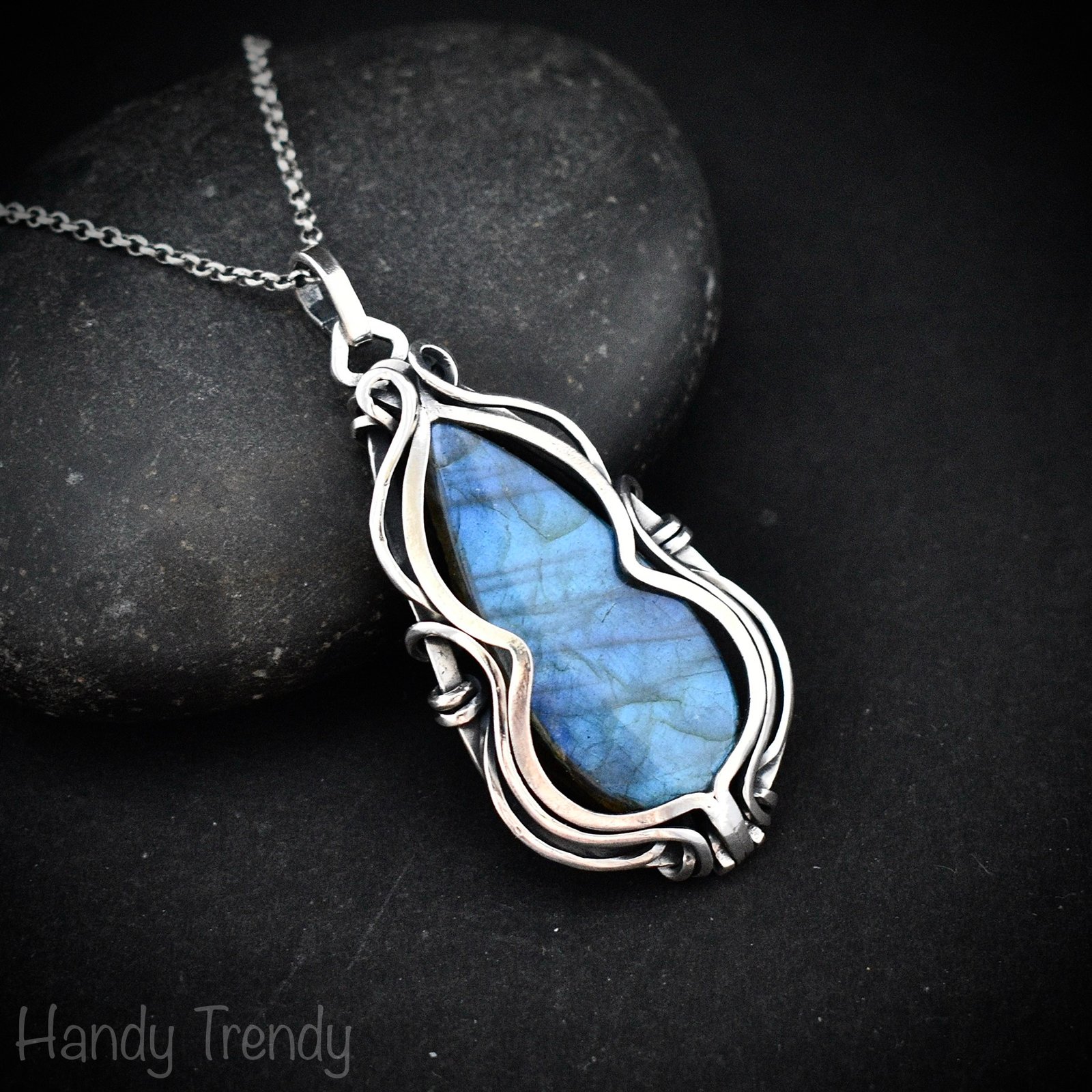 Blue labradorite free flow pendant, 925 sterling silver Wire wrapped jewelry, Unique handmade gift, Artisan necklace, One of a kind piece