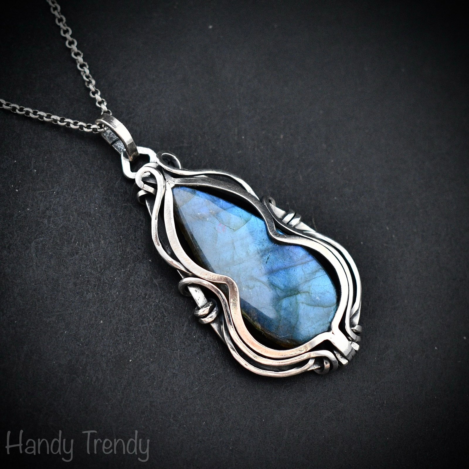 Blue labradorite free flow pendant, 925 sterling silver Wire wrapped jewelry, Unique handmade gift, Artisan necklace, One of a kind piece