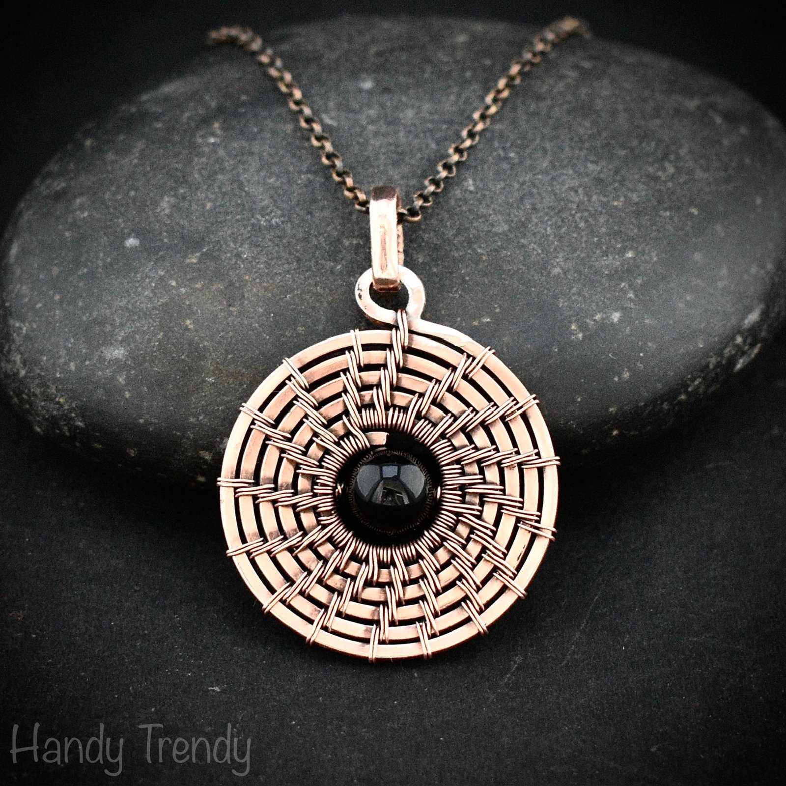 Galaxy black hole pendant, Black onyx and copper wire wrap jewelry, Celtic spiral necklace, Unique handmade birthday gift , One of a kind