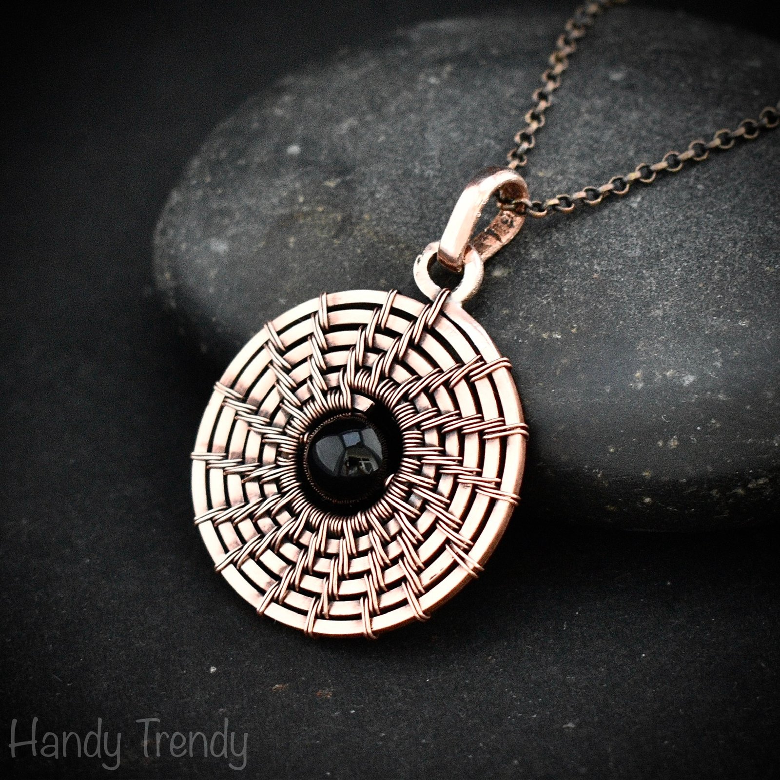 Galaxy black hole pendant, Black onyx and copper wire wrap jewelry, Celtic spiral necklace, Unique handmade birthday gift , One of a kind