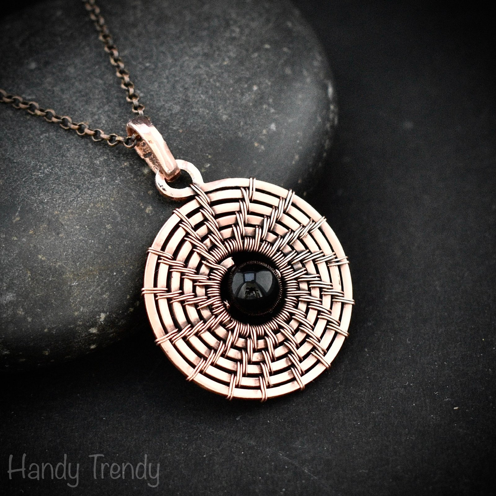 Galaxy black hole pendant, Black onyx and copper wire wrap jewelry, Celtic spiral necklace, Unique handmade birthday gift , One of a kind
