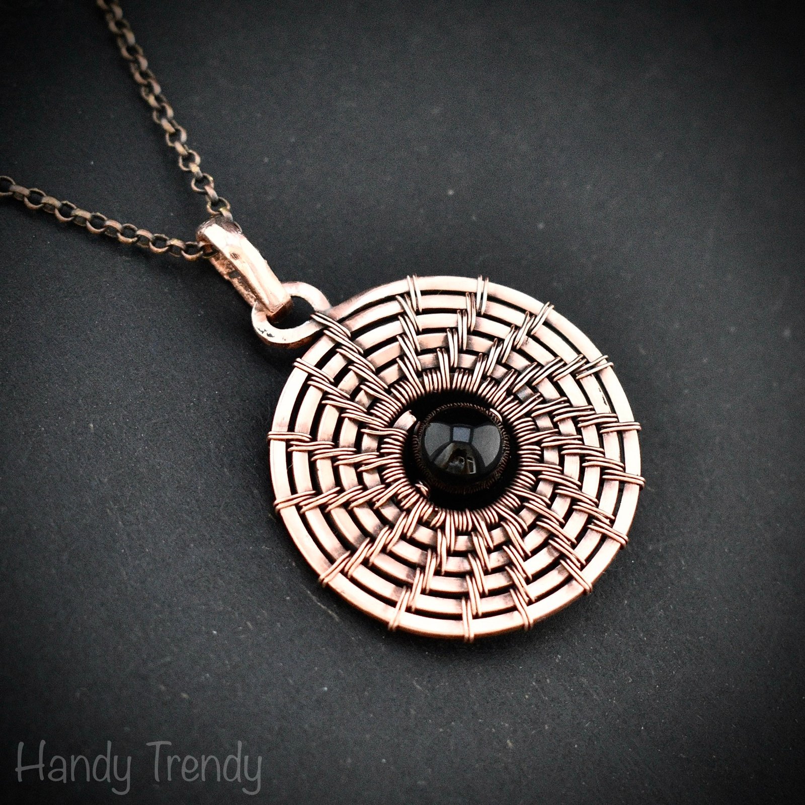 Galaxy black hole pendant, Black onyx and copper wire wrap jewelry, Celtic spiral necklace, Unique handmade birthday gift , One of a kind