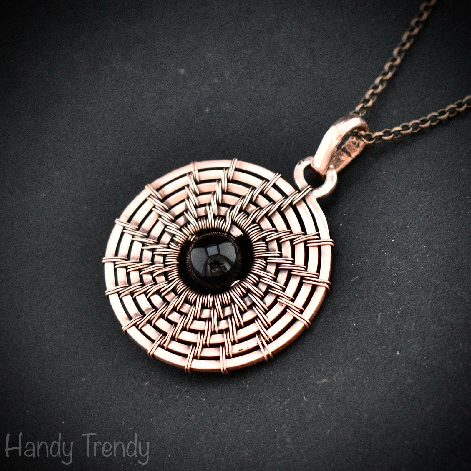 Galaxy black hole pendant, Black onyx and copper wire wrap jewelry, Celtic spiral necklace, Unique handmade birthday gift , One of a kind