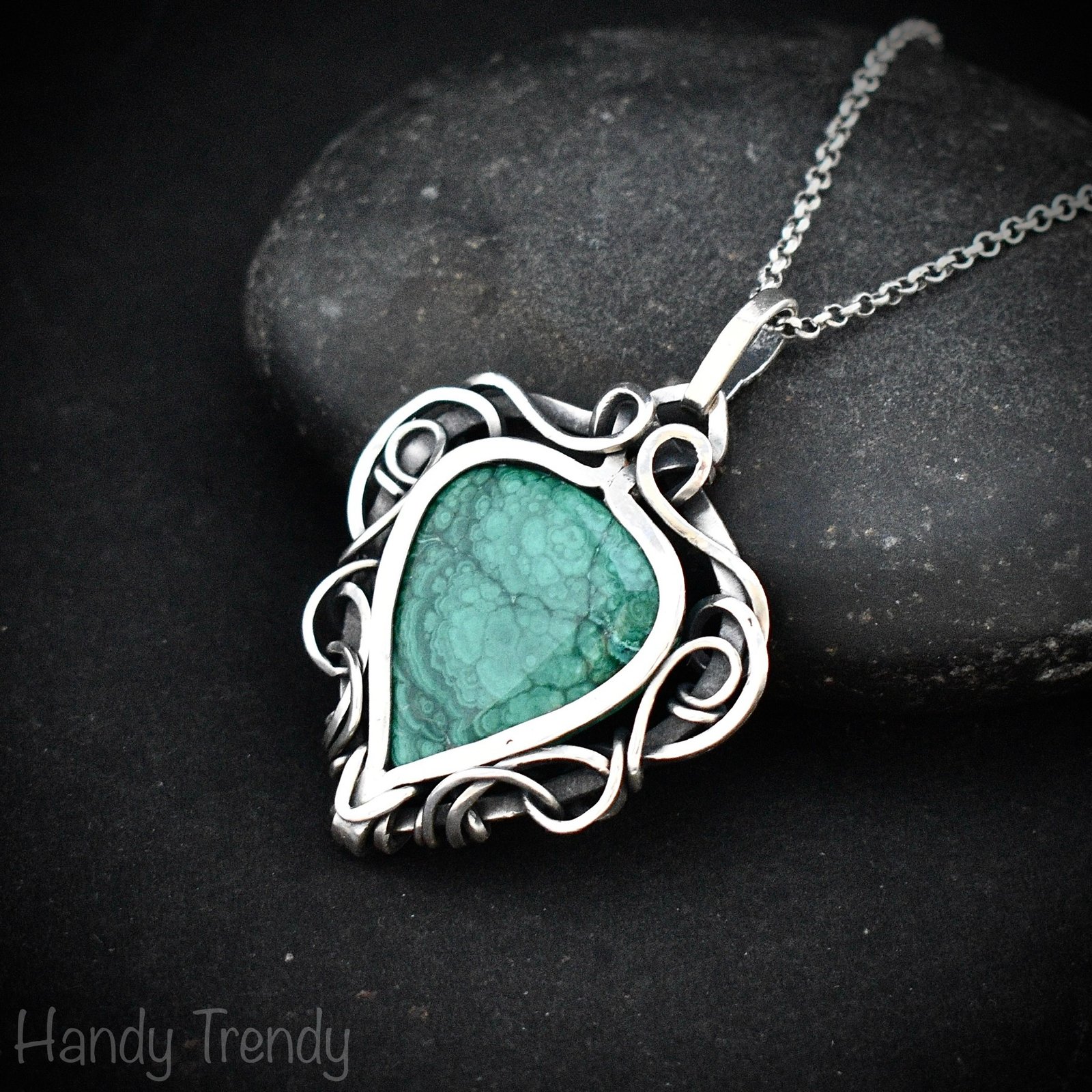 Malachite free flow pendant, 925 sterling silver Wire wrapped jewelry, Unique handmade gift, Artisan necklace, One of a kind necklace