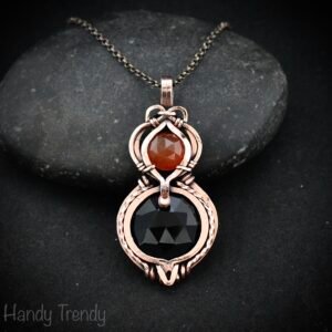 Black onyx and carnelian stone pendant, Free-Flow copper wire wrapped necklace, Unique handmade birthday gift, One of a kind artisan pendant