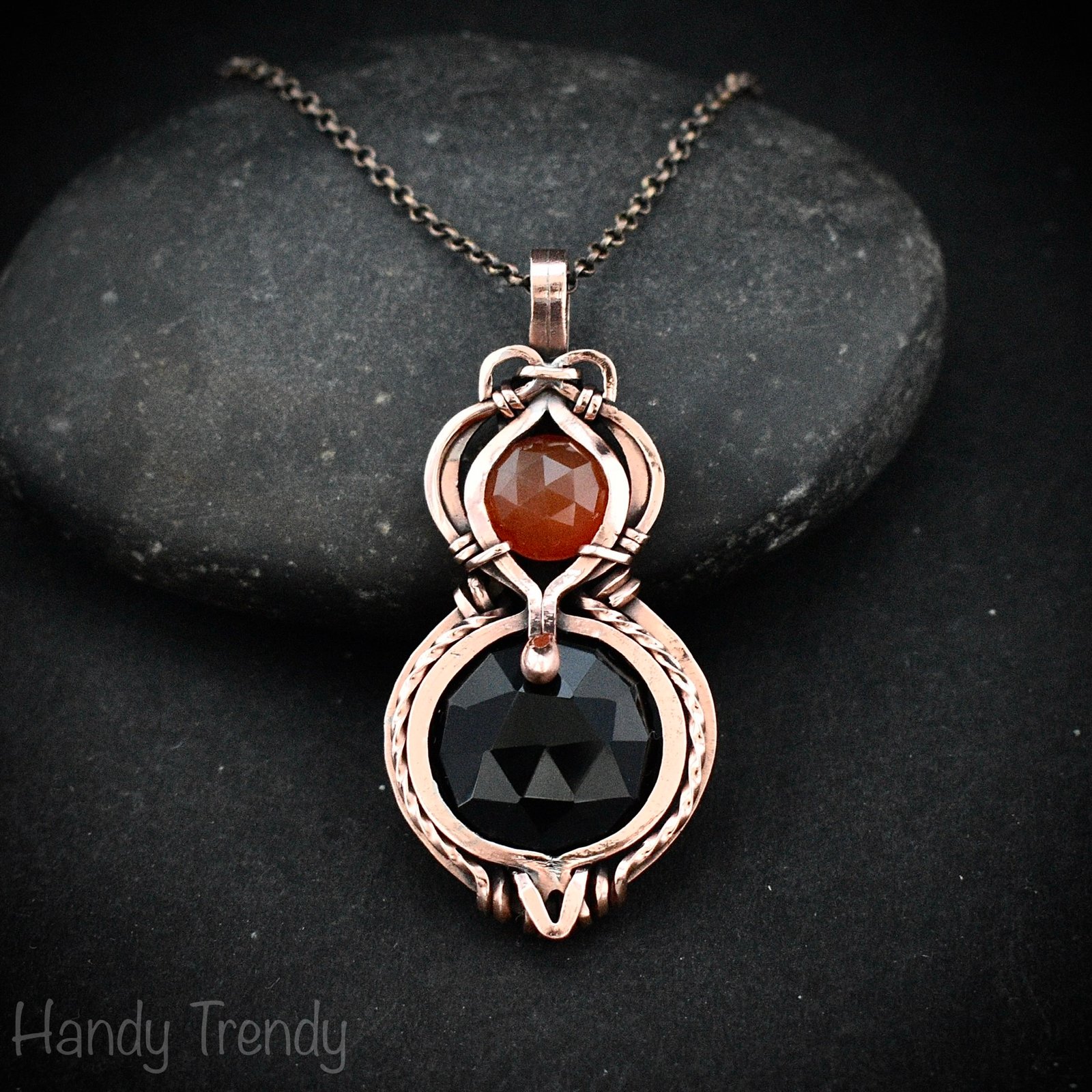 Black onyx and carnelian stone pendant, Free-Flow copper wire wrapped necklace, Unique handmade birthday gift, One of a kind artisan pendant