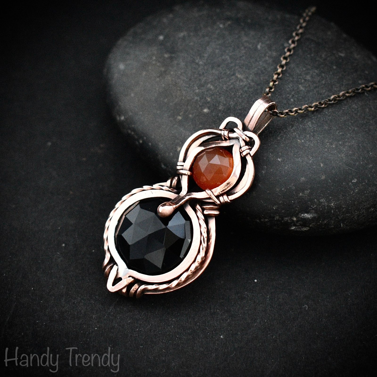 Black onyx and carnelian stone pendant, Free-Flow copper wire wrapped necklace, Unique handmade birthday gift, One of a kind artisan pendant