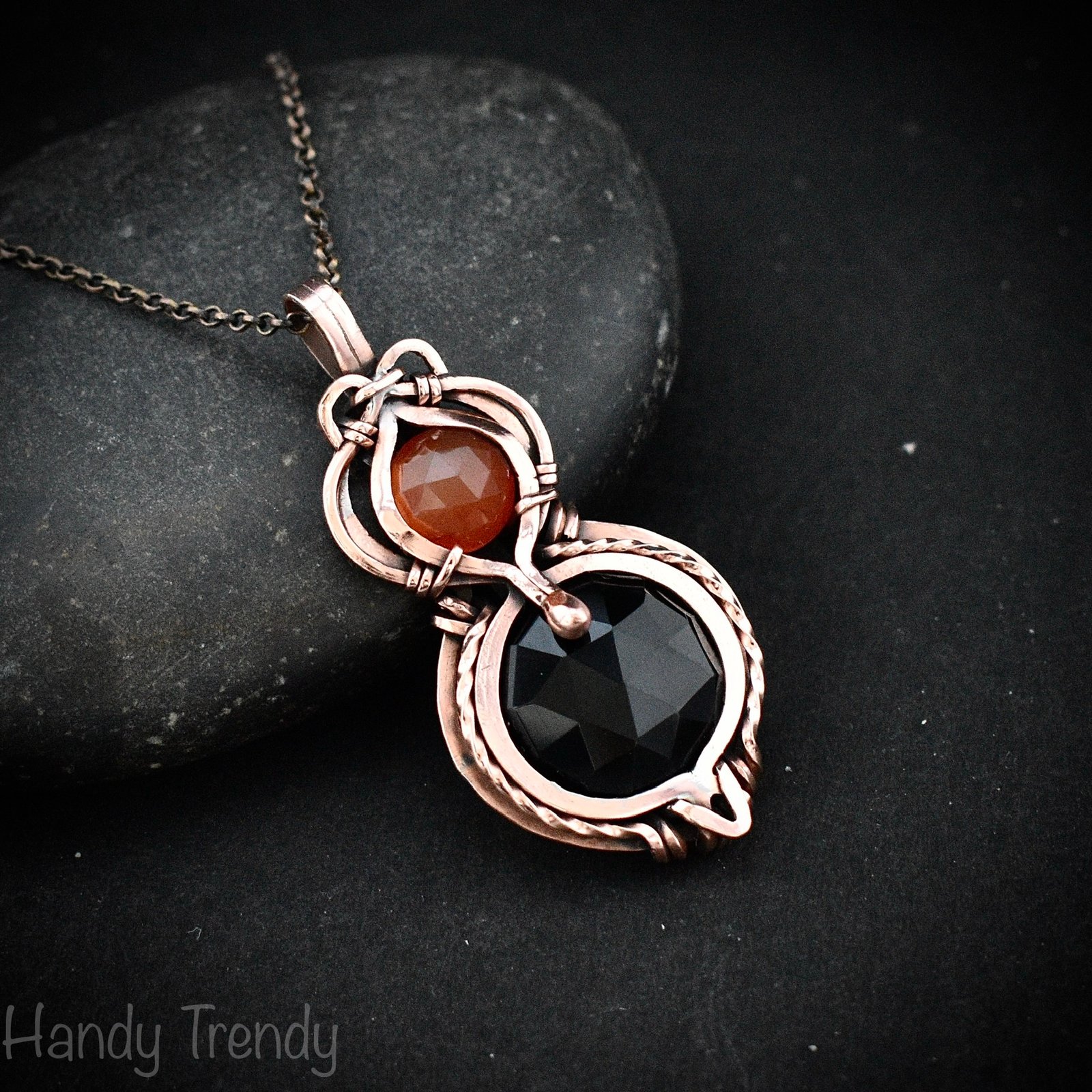 Black onyx and carnelian stone pendant, Free-Flow copper wire wrapped necklace, Unique handmade birthday gift, One of a kind artisan pendant