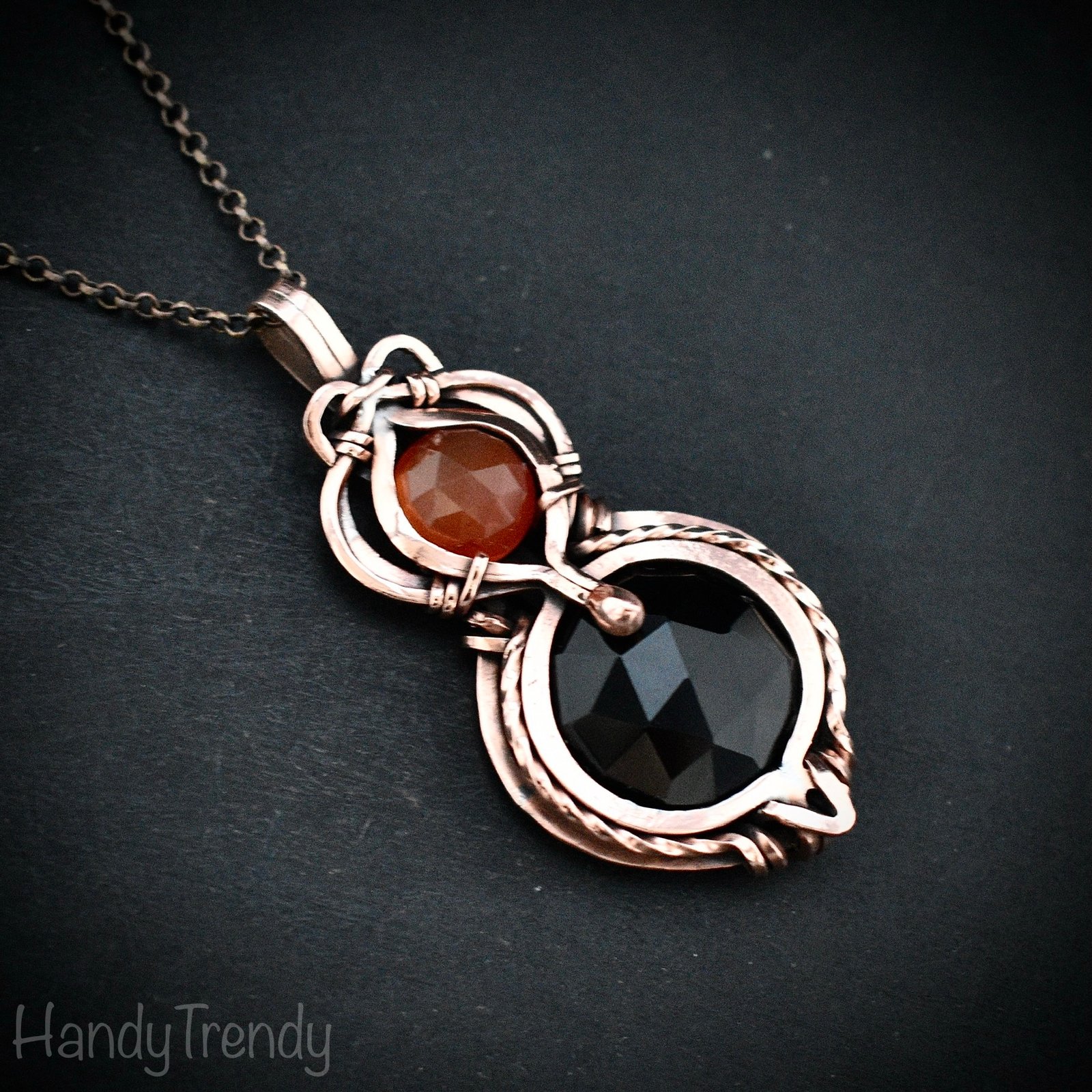 Black onyx and carnelian stone pendant, Free-Flow copper wire wrapped necklace, Unique handmade birthday gift, One of a kind artisan pendant