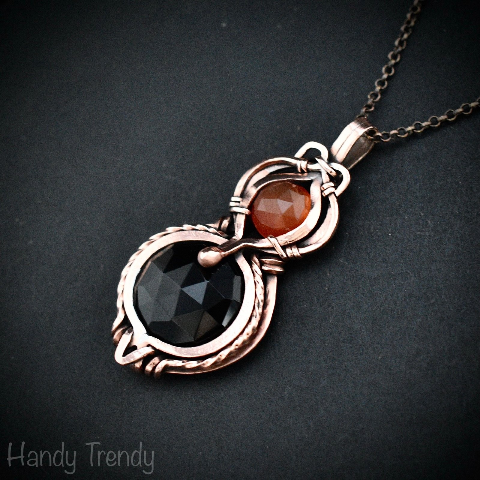 Black onyx and carnelian stone pendant, Free-Flow copper wire wrapped necklace, Unique handmade birthday gift, One of a kind artisan pendant