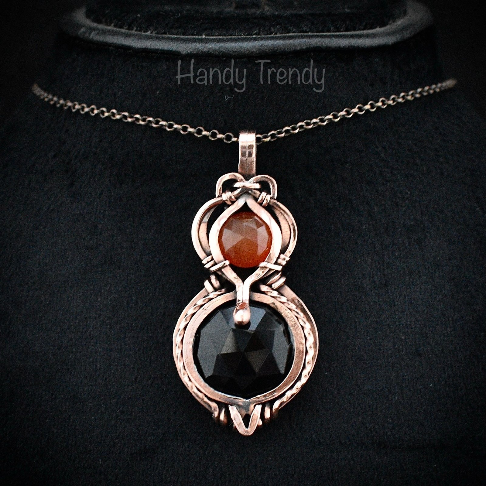 Black onyx and carnelian stone pendant, Free-Flow copper wire wrapped necklace, Unique handmade birthday gift, One of a kind artisan pendant