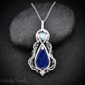 Blue lapis lazuli and moonstone pendant, 925 sterling silver free flow wire wrapped jewelry, Unique handmade gift, One of a kind necklace
